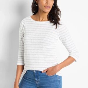 Nic + Zoe Gray Stripe 3/4 Sleeve Top | Size Small | Soft Knit Tee